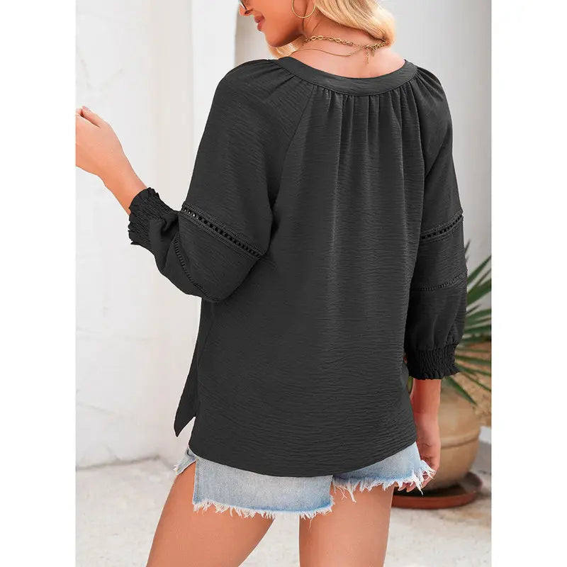 Dokotoo Women's Summer Tops 3/4 Lantern Sleeve Casual V-Neck T-Shirts Pleated Loose Tunic Hollow-Out Blouse Regular Fit 100% Polyester Soft Breathable Stretchy Skin-Friendly Drapes Nicely Durable Comfortable for All Seasons