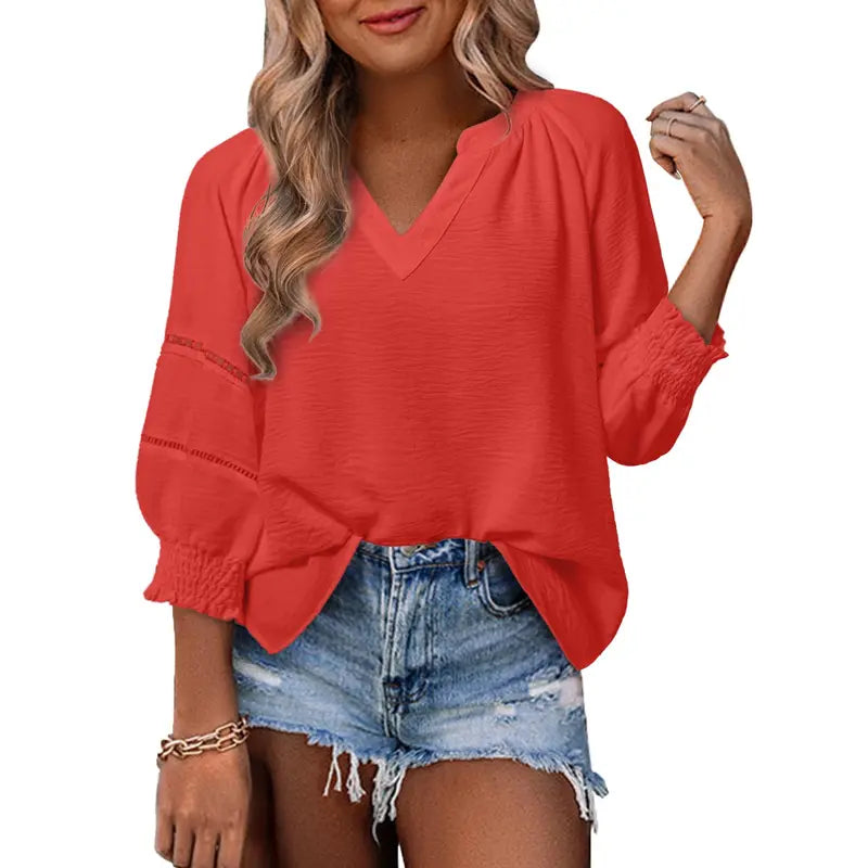 Dokotoo Women's Summer Tops 3/4 Lantern Sleeve Casual V-Neck T-Shirts Pleated Loose Tunic Hollow-Out Blouse Regular Fit 100% Polyester Soft Breathable Stretchy Skin-Friendly Drapes Nicely Durable Comfortable for All Seasons
