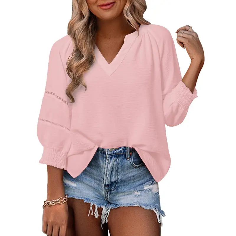 Dokotoo Women's Summer Tops 3/4 Lantern Sleeve Casual V-Neck T-Shirts Pleated Loose Tunic Hollow-Out Blouse Regular Fit 100% Polyester Soft Breathable Stretchy Skin-Friendly Drapes Nicely Durable Comfortable for All Seasons