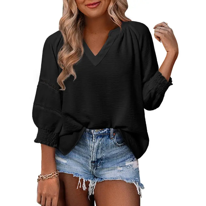 Dokotoo Women's Summer Tops 3/4 Lantern Sleeve Casual V-Neck T-Shirts Pleated Loose Tunic Hollow-Out Blouse Regular Fit 100% Polyester Soft Breathable Stretchy Skin-Friendly Drapes Nicely Durable Comfortable for All Seasons
