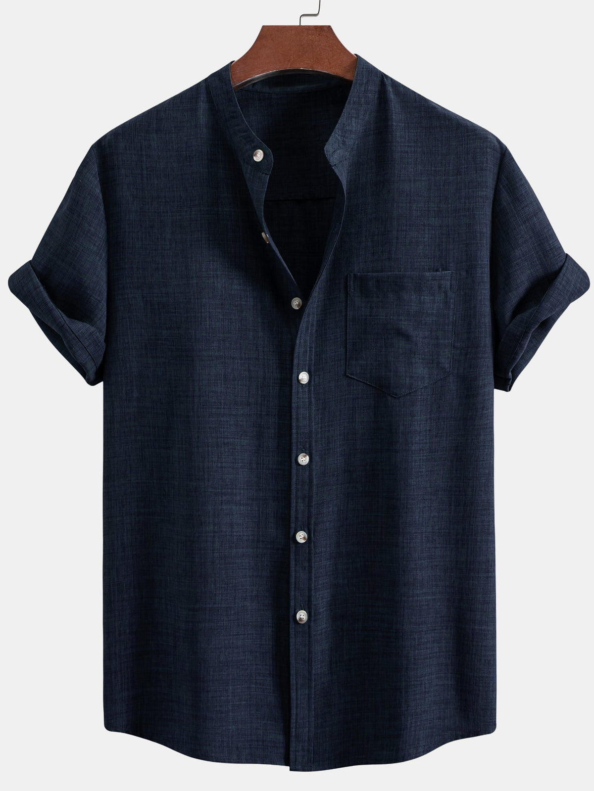 Short Sleeve Stand Collar Shirt & Straight Leg Linen Pants
