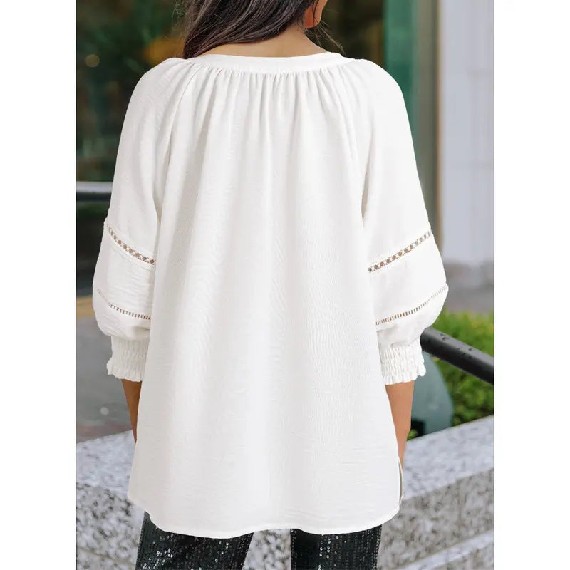 Dokotoo Women's Summer Tops 3/4 Lantern Sleeve Casual V-Neck T-Shirts Pleated Loose Tunic Hollow-Out Blouse Regular Fit 100% Polyester Soft Breathable Stretchy Skin-Friendly Drapes Nicely Durable Comfortable for All Seasons