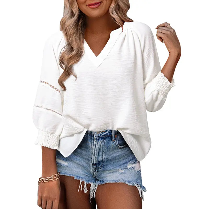 Dokotoo Women's Summer Tops 3/4 Lantern Sleeve Casual V-Neck T-Shirts Pleated Loose Tunic Hollow-Out Blouse Regular Fit 100% Polyester Soft Breathable Stretchy Skin-Friendly Drapes Nicely Durable Comfortable for All Seasons