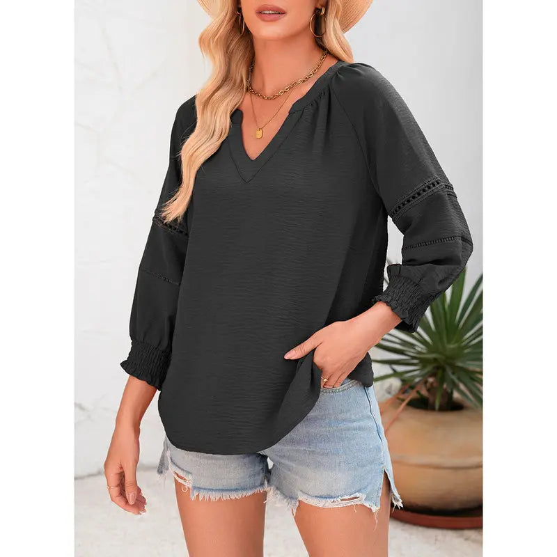 Dokotoo Women's Summer Tops 3/4 Lantern Sleeve Casual V-Neck T-Shirts Pleated Loose Tunic Hollow-Out Blouse Regular Fit 100% Polyester Soft Breathable Stretchy Skin-Friendly Drapes Nicely Durable Comfortable for All Seasons