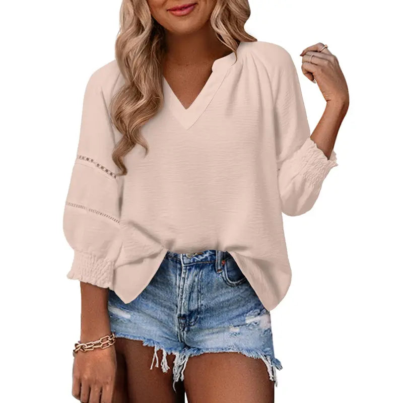 Dokotoo Women's Summer Tops 3/4 Lantern Sleeve Casual V-Neck T-Shirts Pleated Loose Tunic Hollow-Out Blouse Regular Fit 100% Polyester Soft Breathable Stretchy Skin-Friendly Drapes Nicely Durable Comfortable for All Seasons