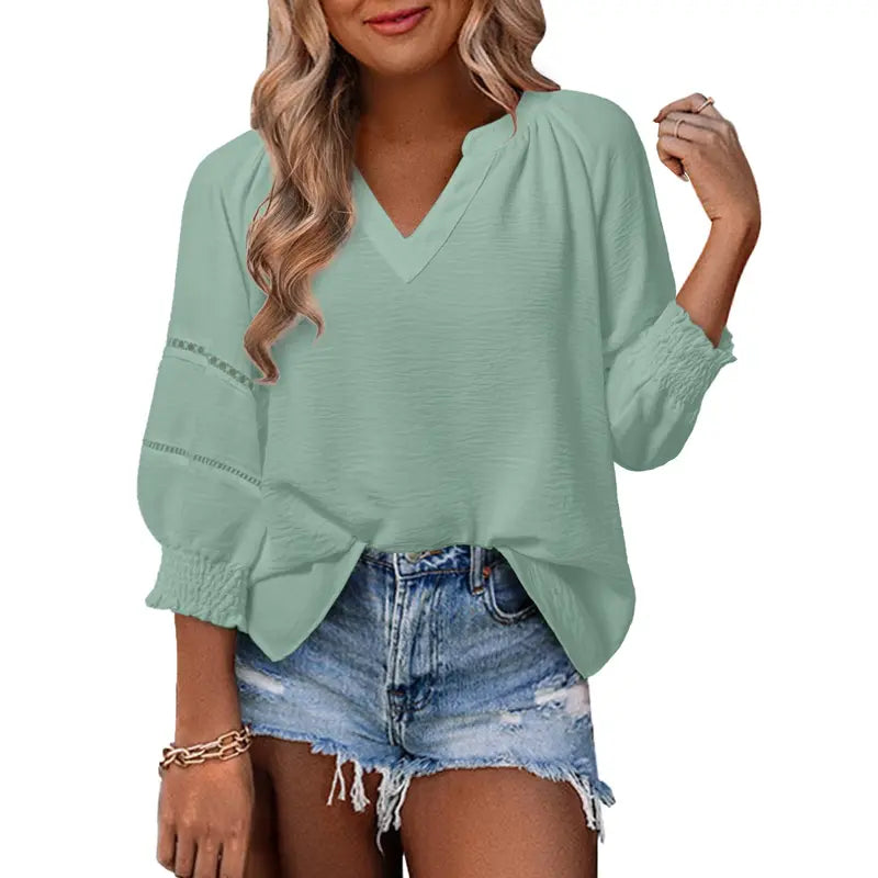 Dokotoo Women's Summer Tops 3/4 Lantern Sleeve Casual V-Neck T-Shirts Pleated Loose Tunic Hollow-Out Blouse Regular Fit 100% Polyester Soft Breathable Stretchy Skin-Friendly Drapes Nicely Durable Comfortable for All Seasons
