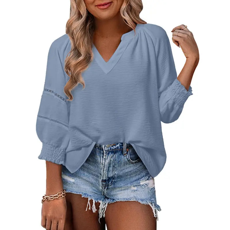Dokotoo Women's Summer Tops 3/4 Lantern Sleeve Casual V-Neck T-Shirts Pleated Loose Tunic Hollow-Out Blouse Regular Fit 100% Polyester Soft Breathable Stretchy Skin-Friendly Drapes Nicely Durable Comfortable for All Seasons