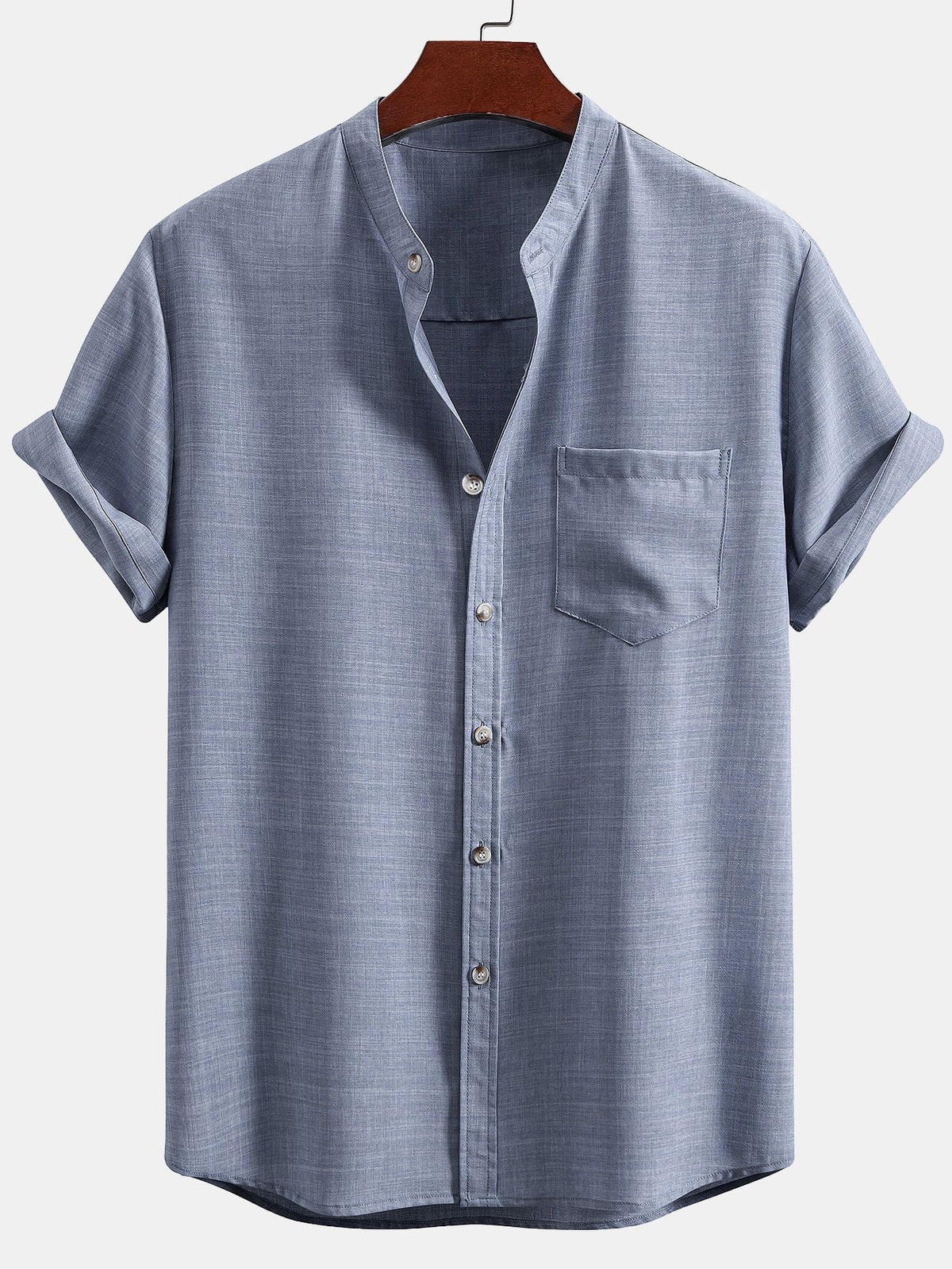 Short Sleeve Stand Collar Shirt & Straight Leg Linen Pants