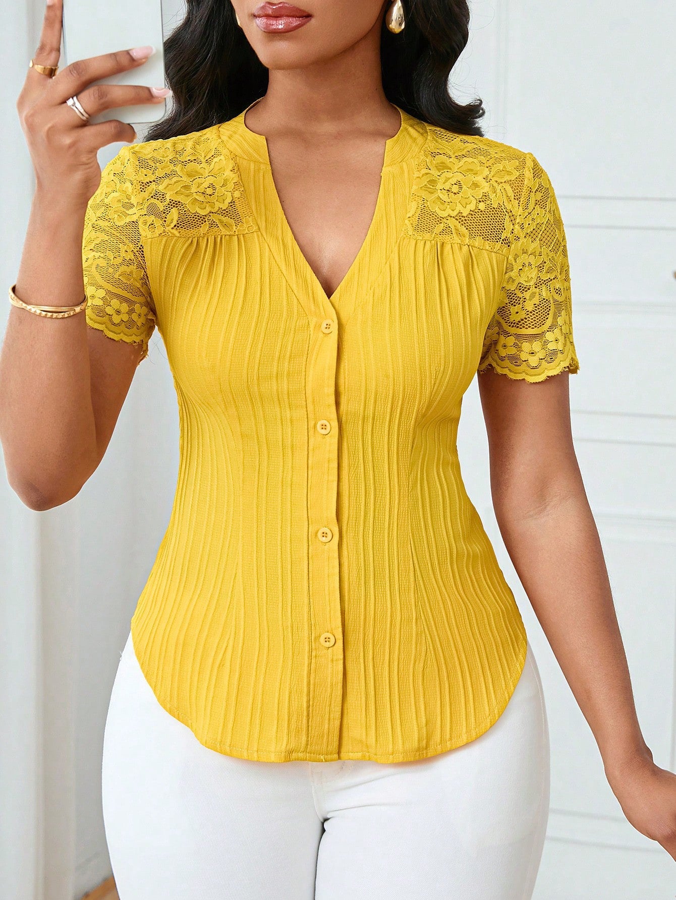 Breathable Lace Sleeve V-Neck Blouse