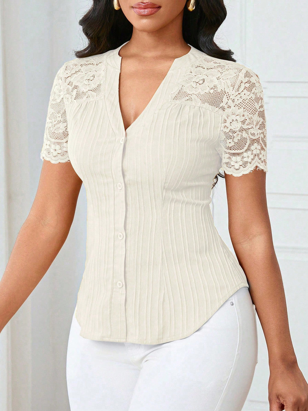 Breathable Lace Sleeve V-Neck Blouse