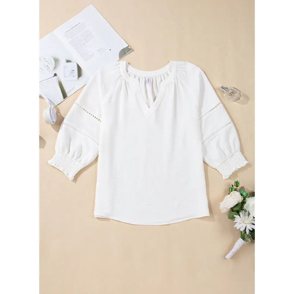 Dokotoo Women's Summer Tops 3/4 Lantern Sleeve Casual V-Neck T-Shirts Pleated Loose Tunic Hollow-Out Blouse Regular Fit 100% Polyester Soft Breathable Stretchy Skin-Friendly Drapes Nicely Durable Comfortable for All Seasons