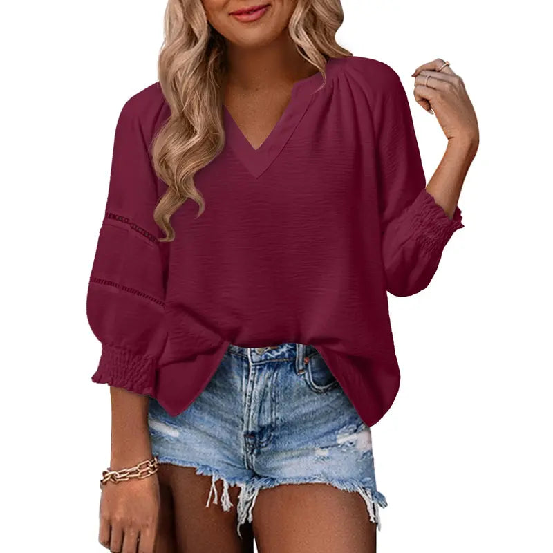 Dokotoo Women's Summer Tops 3/4 Lantern Sleeve Casual V-Neck T-Shirts Pleated Loose Tunic Hollow-Out Blouse Regular Fit 100% Polyester Soft Breathable Stretchy Skin-Friendly Drapes Nicely Durable Comfortable for All Seasons