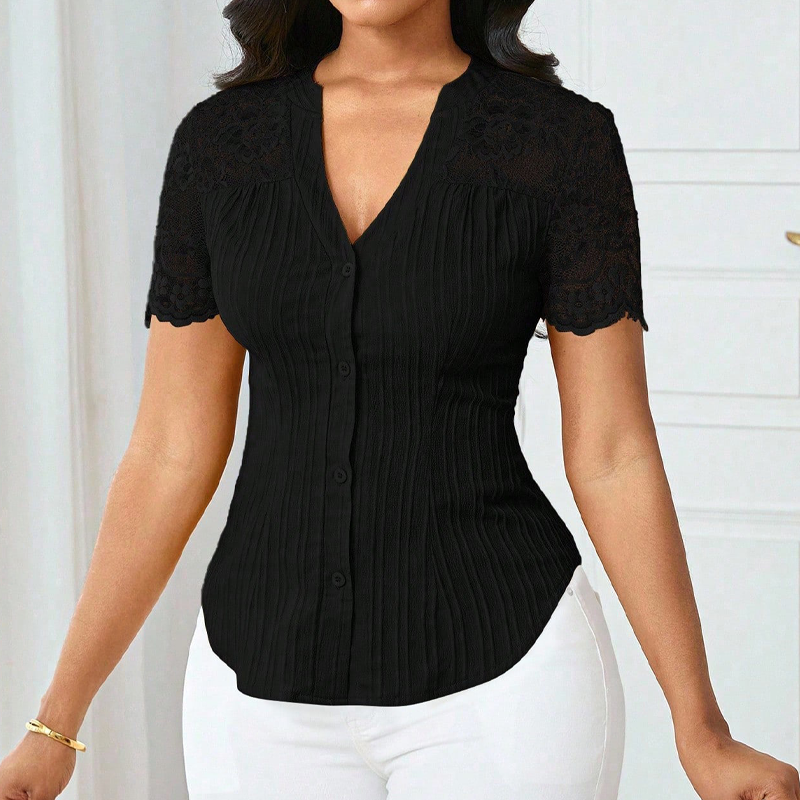 Breathable Lace Sleeve V-Neck Blouse