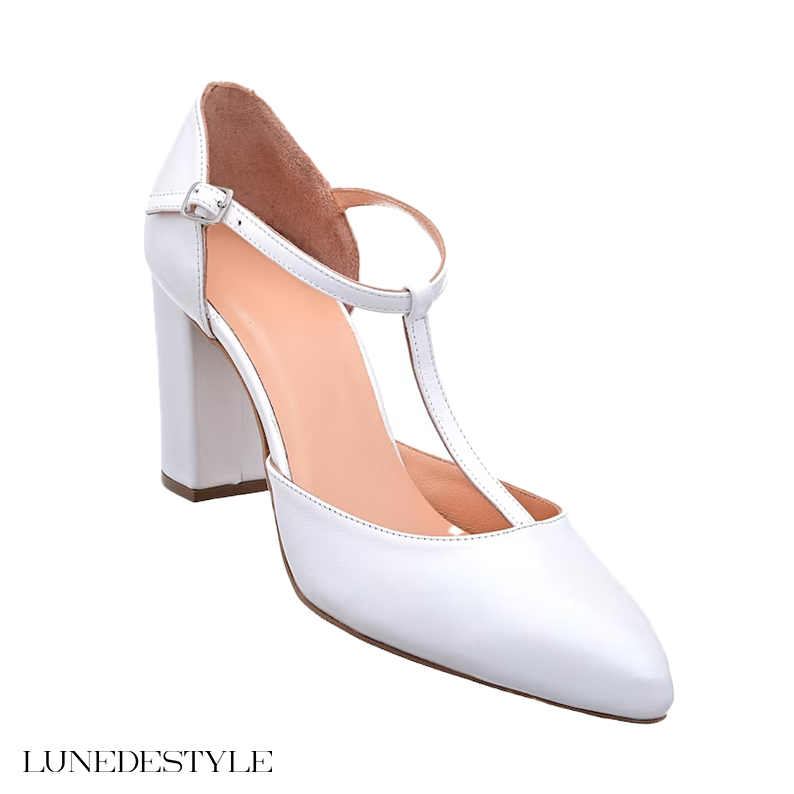 White Genuine Leather Wedding Heels
