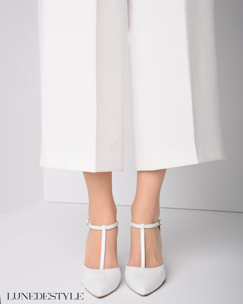 White Genuine Leather Wedding Heels