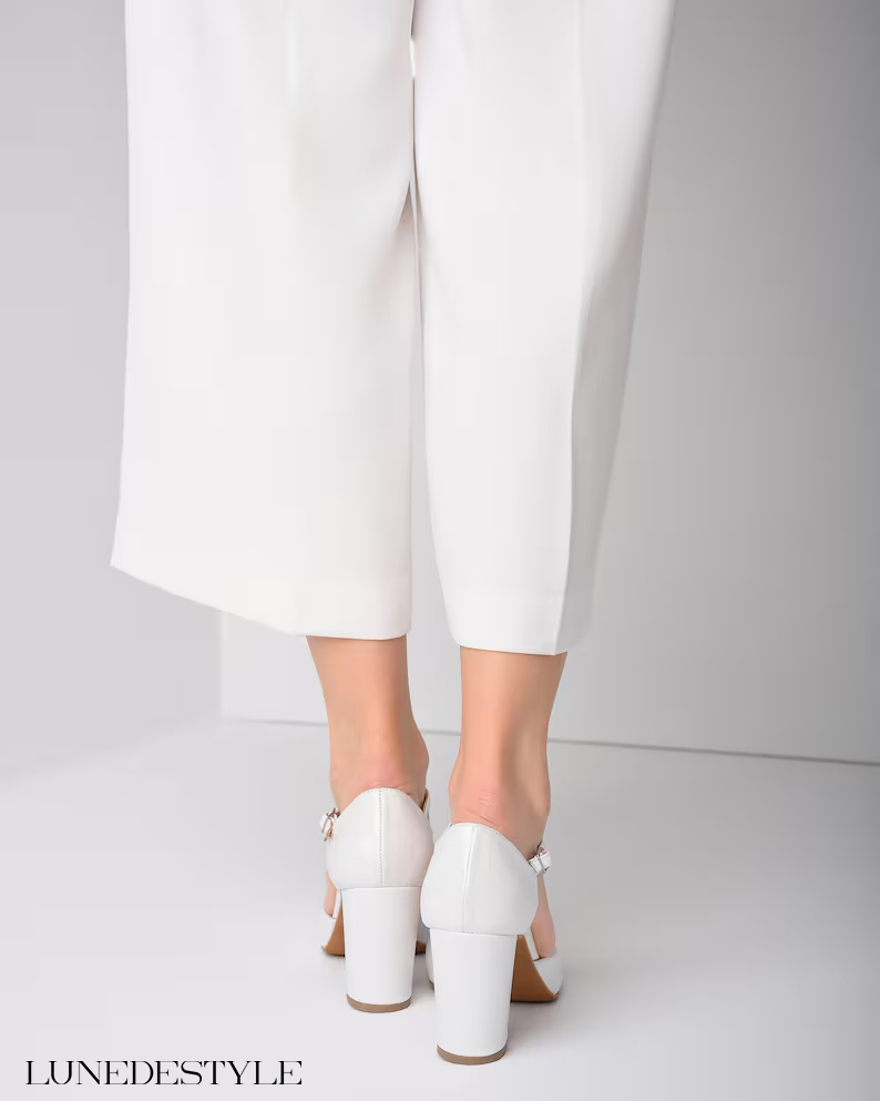White Genuine Leather Wedding Heels