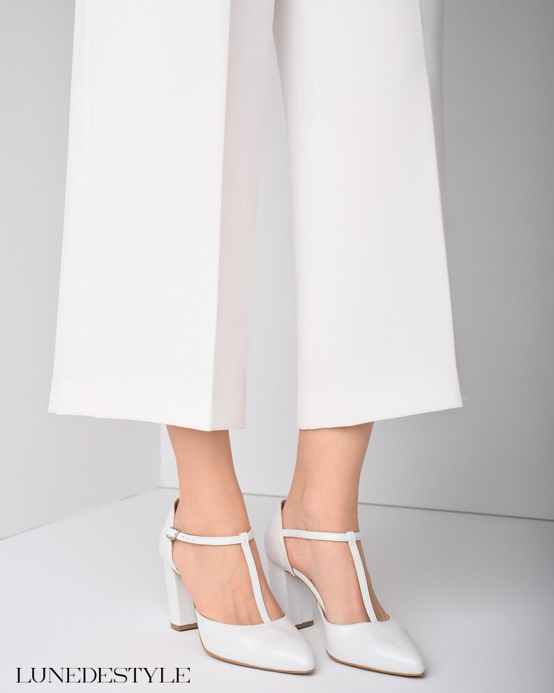 White Genuine Leather Wedding Heels